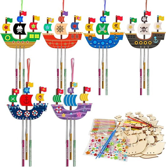 Fennoral 10 Pack Wind Chime Kit for Kids Make Your Own Pirates Ship Wind Chime Wooden Arts and Crafts for Girls Boys Ornaments DIY Coloring Ship for Art Activity Birthday Spring Party Decoration