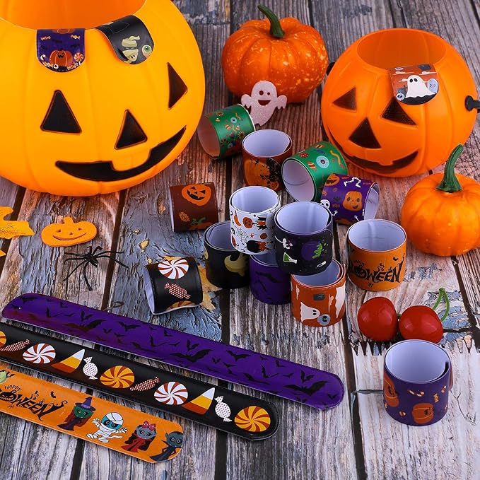 Elcoho 72 Pieces Halloween Favors Slap Bracelets Toys Halloween Wristbands Slap Bracelets for Halloween Trick or Treat Gifts
