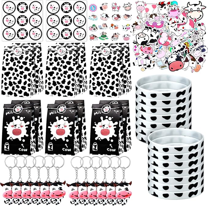 Cow Party Favors Supplies Include Cow Silicone Bracelets Cow Keychain Cow Party Present Bags and Waterproof Cow Stickers for Baby Shower Return Present Farm Animal Birthday (Novel Style, 104 Pieces)