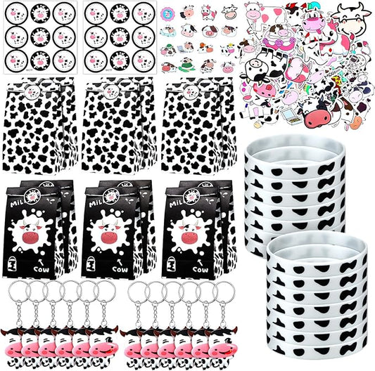 Cow Party Favors Supplies Include Cow Silicone Bracelets Cow Keychain Cow Party Present Bags and Waterproof Cow Stickers for Baby Shower Return Present Farm Animal Birthday (Novel Style, 104 Pieces)