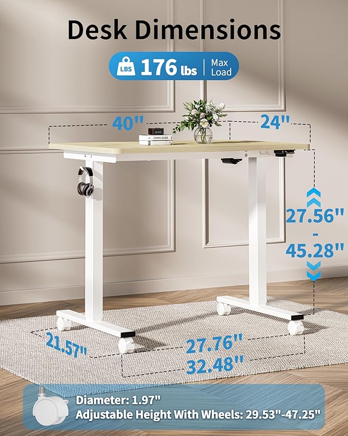 Okin Electric Standing Desk, 40 x 24 Inches Whole Piece Height Adjustable Desk, Oak Sit to Stand Desks Computer Workstation with Wheels for Home Office
