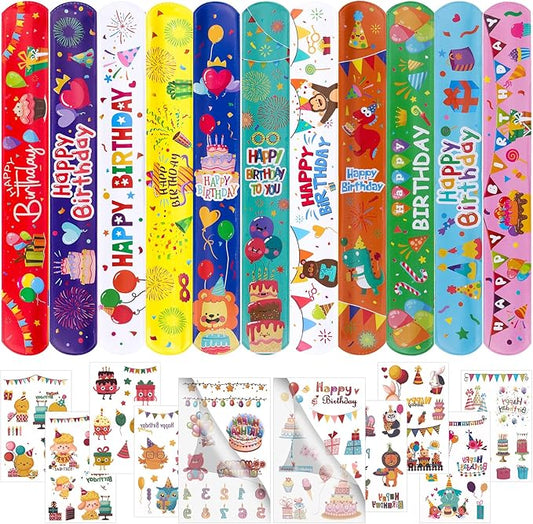 30pcs Happy Birthday Slap Bracelets with 10pcs Tattoo Stickers for Kids Birthday Party Favors Classroom School Favors Prizes Exchanging Favors