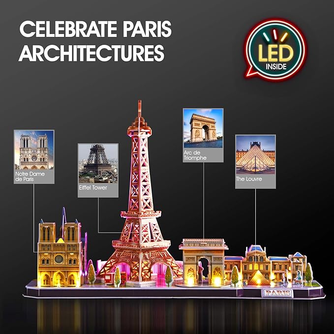 CubicFun 3D Puzzles for Kids Ages 8-10 LED Paris Cityline, Toys for Kids Arts and Crafts for Kids Ages 8-12 STEM Projects for Kids Ages 8-12 Gifts for Girls Boys Easter Gifts for Kids Home Decor