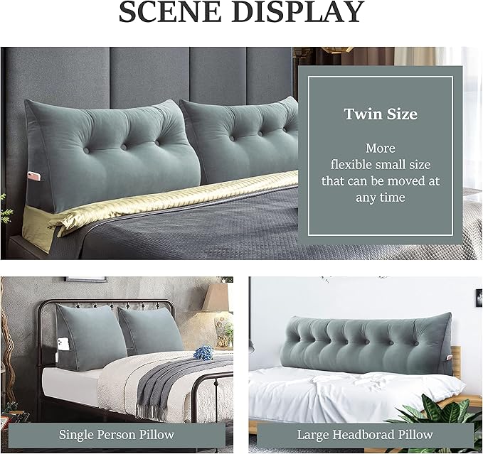 Bed Wedge Pillow for Headboard Large Bolster Pillow Reading Pillows for Sitting Up in Bed Adult, Triangular Backrest Cushion Book Pillows for Daybed Couch Support Upholstered（LightGray, Twin）