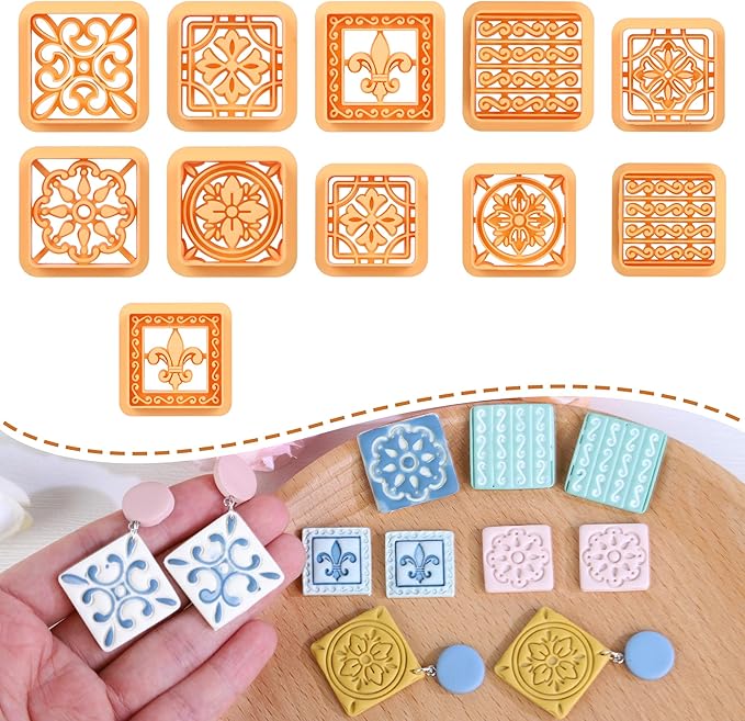 Puocaon Mexican Talavera Clay Cutters - 11 Pcs Clay Cutters for Polymer Clay Jewelry, Portuguese Tiles Polymer Clay Jewelry Cutters, Floral Tile Clay Cutters for Earrings, Peranakan Tile Clay Cutters
