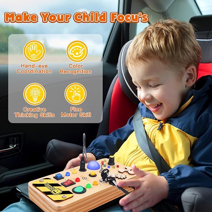 Busy Board with LED Light, Wooden Sensory Toys for Toddler, Montessori Music Toy for Airplane, Travel Activity Educational Learning Autism Toys, Birthday Boys Girls Gifts