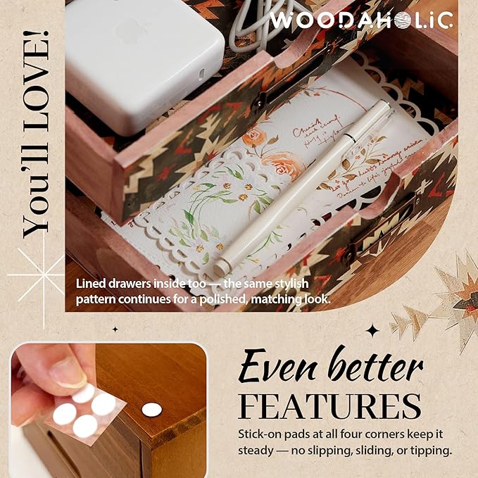 Boho Green Wooden Desk Organizer with Drawers – 4-Drawer Desktop Storage Box – Rustic Tribal Wood Desk Organizer for Office, Vanity, or Craft Supplies – Compact & Stylish Wooden Storage Drawers