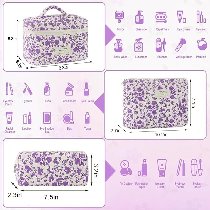 URSKYTOUS 3Pcs Cotton Quilted Makeup Bag for Women Girls Large Small Travel Portable Cosmetic Bag Set Cute Purple Floral Zipper Make Up Pouch Coquette Aesthetic Storage Toiletry Organizer Case