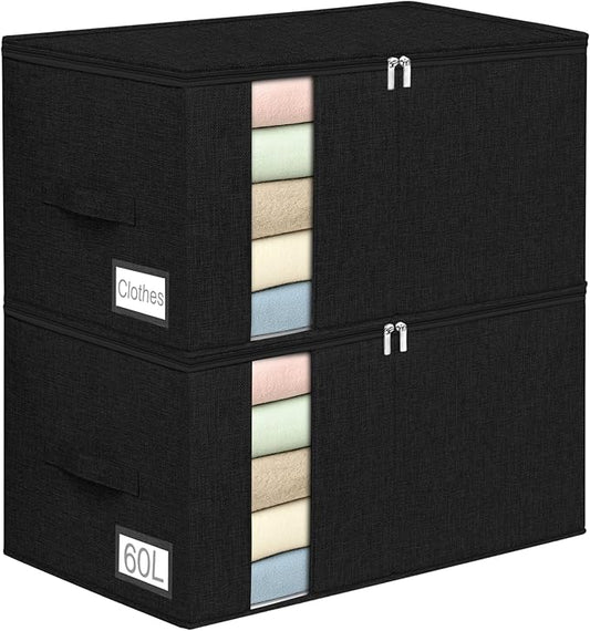 60L Comforter Storage Bag, Sturdy Construction Blanket Storage Bin w/Durable Handles, Foldable Storage Box w/Dual Zippers for Sheets Quilts Sweaters Bedding Sets Pillows, 2 Pack, Black