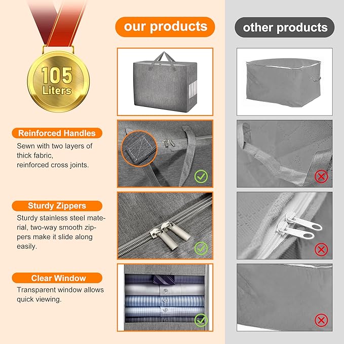 3 Pack 105L Comforter Storage Bags, Extra Large Bedding Storage Bags with Sturdy Zipper and Reinforced Handle, Clear Window, Moving Closet Organizers for Comforters and Blankets, Pillows