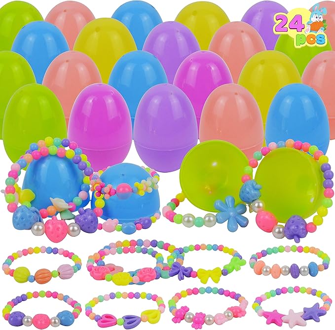 JOYIN 24 Pcs Prefilled Easter Eggs with Different Designs of Bracelets Girls Jewelry Set for Kids Easter Party Favor Easter Basket Stuffer Classroom Exchange and Prize Supplies (Candy)