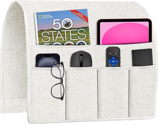 Joywell Couch Remote Holder Sofa Armrest Organizer Non Slip Arm Chair Caddie for Recliner with 6 Pocket Storage for Magazine, Tablet, Phone, iPad, Beige White