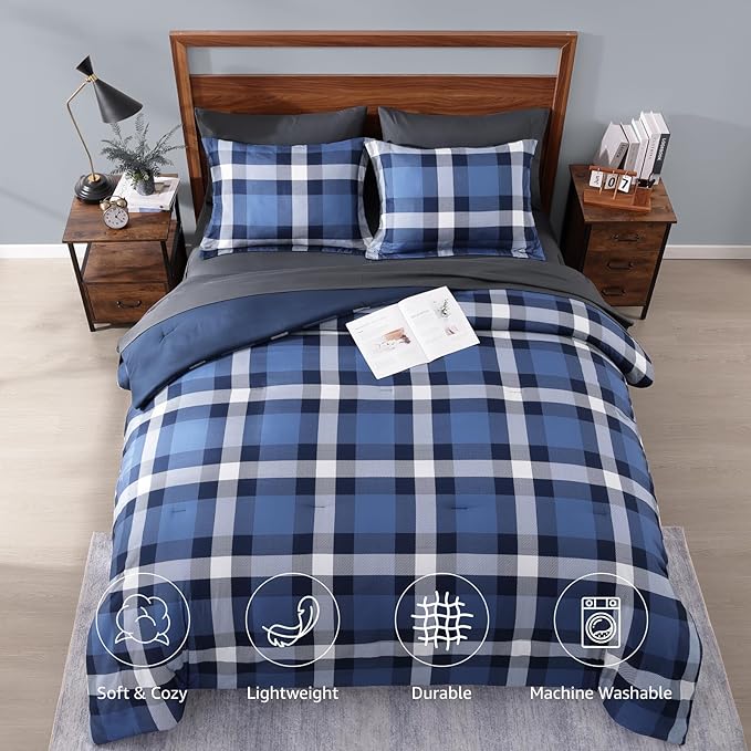 MaiRêve Twin XL Plaid Comforter Set Indigo Blue, Classic Checkered 5 Pieces Bedding Set for Boys Girls Teen, All Season Lightweight Bed in A Bag with Sheets, Pillowcases & Shams
