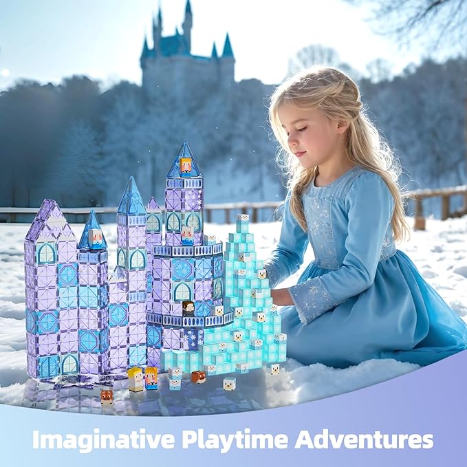 GobiDex 102PCS 2-in-1 Magnetic Tiles Blocks Frozen Toys for Girls, Princess Frozen Castle Magnet Building Blocks for Toddlers Kids, Build with MagWonder STEM Toys, 3+ Years Old Girls Birthday Gifts