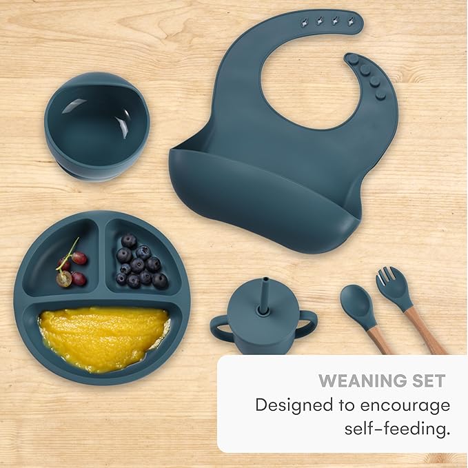 Childlike Behavior Baby Weaning Set of 6 - Dark Blue Baby Silicone Feeding - Self Feeding Baby Wooden Fork and Spoon, Plates, Bibs, Easy to Grip, Dishes and Cups - Eating Learning Essentials
