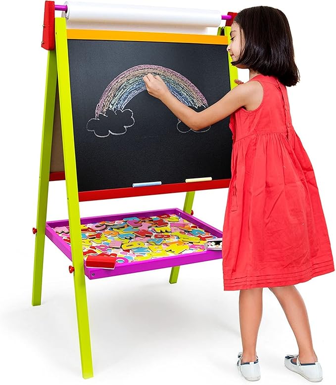 Little Artists 3-in-1 Standing Easel | Includes 75 Magnetic Letters, Rainbow Chalk, Eraser, and Easel Paper | Wooden Wonders Kids Creative Art Drawing Board | Art Class and School Teacher Activity