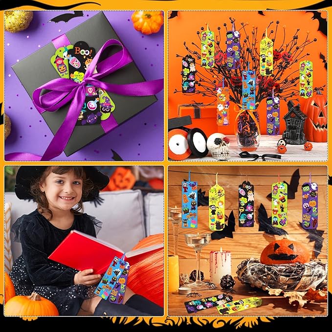 JUNEBRUSHS 30 Sets Halloween Crafts , DIY Halloween Bookmarks Craft Kits with Assorted Pumpkin Witch Ghost Bat Stickers Arts and Crafts Classroom Game Activities Halloween Party Favor