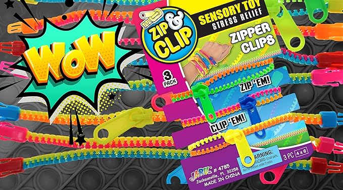 JA-RU Triple Fidget Zipper Bracelet Set (3 Bracelets in 1 Pack) 7.5" Neon Colors Fidget Toy for Kids Friendship Bracelet, Fidget Bracelet Hand Sensory Toys Party Favors Girls Toys. 4785-1