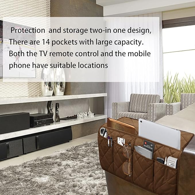 Armchair Caddy,Non Slip Sofa Armrest Organizer, Couch Armrest Remote Control Holder,Waterproof Recliner Arm Caddy with 14 Pockets for Cell Phone TV Remote Control