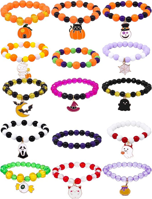 15PCs Halloween Bracelets Girls Boys Bracelets with Pumpkin Ghost Eyeball Clown Wizard Hat Skeleton Cat Halloween Pendants for Halloween Party Favors