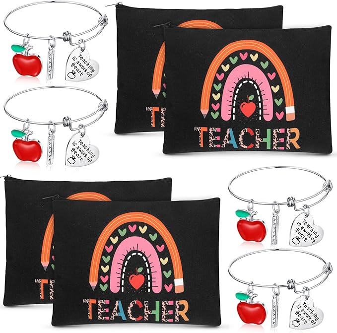 8 Pcs Teacher Appreciation Gift Set for Women, 4 Teacher Makeup Pouch Cosmetic Bags and 4 Bangle Bracelets, Christmas Valentines Thank You Gifts for Teacher (Rainbow Style)