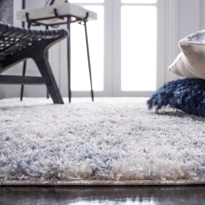 SAFAVIEH Berber Shag Collection Runner Rug - 2' x 12', Ivory & Blue, Modern Abstract Design, Non-Shedding & Easy Care, 1.2-inch Thick Ideal for High Traffic Areas in Living Room, Bedroom (BER274B)