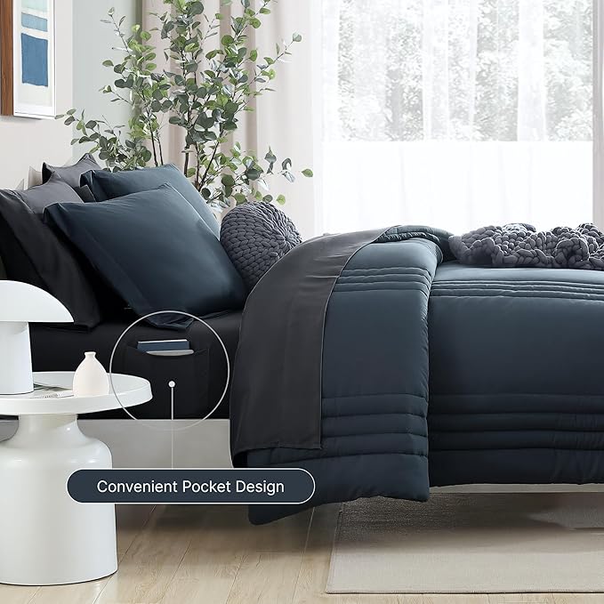 Monbix Full Size Comforter Set - 7 Pieces Blue Grey Bed in a Bag Full Size Bedding Sets with Comforters, All Seasons Comforter with Sheets, Pillowcases & Shams