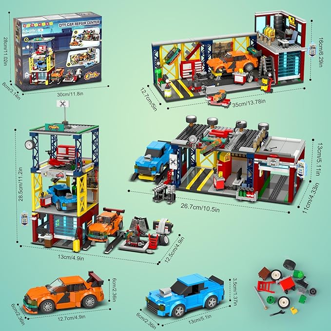HOGOKIDS City Car Garage Building Set, 1022 PCS 3 IN 1 Auto Repair Shop, Gas Station, Car Wash Building Block with 2 Custom Cars Pretend Play Mechanic Toy Birthday Gift for 8-14+ Boys Teens Girls Kids