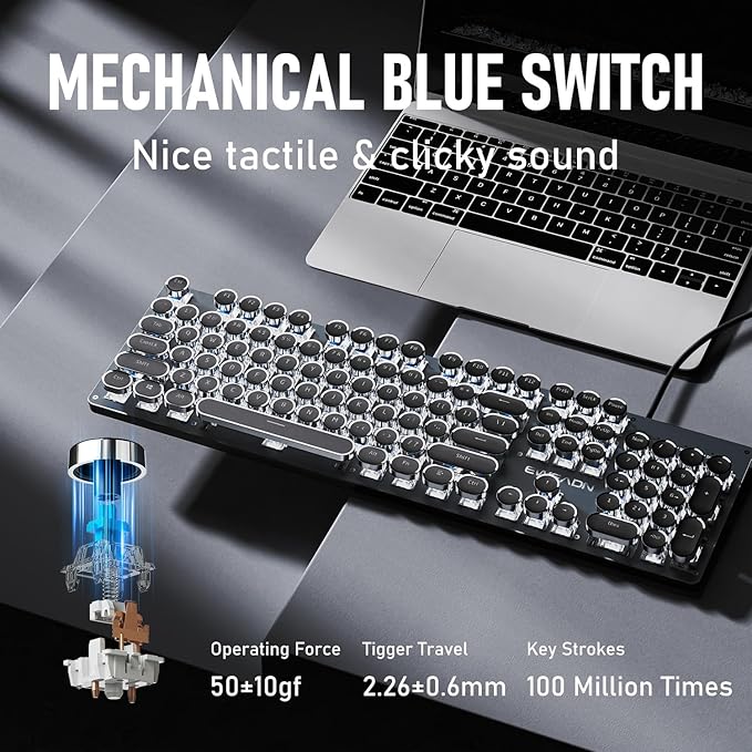EWEADN TK100 Typewriter Keyboard Wired Mechanical Keyboard, 104 Keys Aesthetic Typewriter Keyboards with White Backlit, Anti-Ghosting, Blue Switch Wired Cute Keyboards-Black