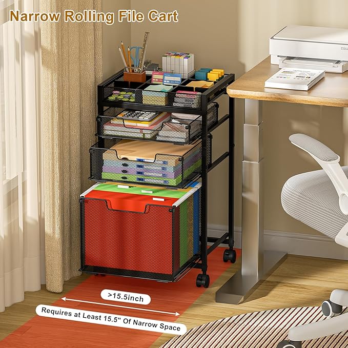 Rolling File Cart with 3 Storage Drawers, Under Desk Filing Cabinet with DIY Divider, Hanging File Folder Organizer on Wheels, Fits A4/Letter Size, Metal Utility Cart for Home Office, Black