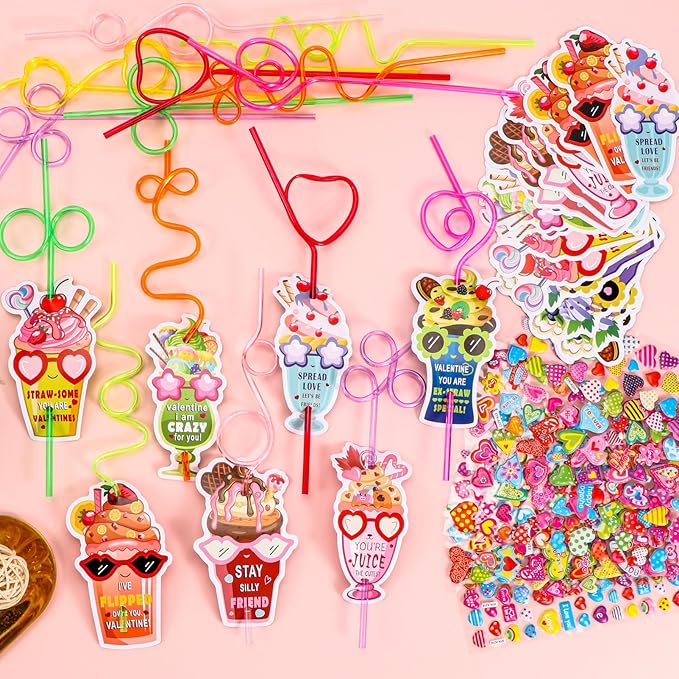 Atonofun 168 Pcs Valentines Day Gifts for Kids, Valentines Day Cards Crazy Straws Bulk Stickers Stampers Slap Bracelets Classroom Prize School Exchange Boys Girls Valentine's Day Party Favors
