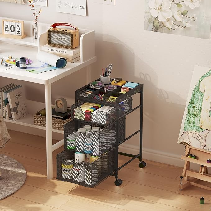 Rolling Utility Cart with 3 Drawers, Craft Organizer and Storage with DIY Divider, Lockable Wheels, Multi-Functional Storage for Art Supplies, Store for Brushes & Paints & Small Parts(Patent Pending)