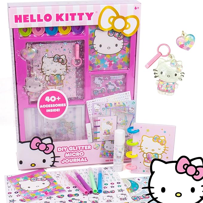 Horizon Group USA Hello Kitty DIY Glitter Micro Journal, 40+ Stationery Accessories Including Hello Kitty Stickers, Surprise Keychain, Interchangeable Binder Discs, Squishy Glitter Cover & More