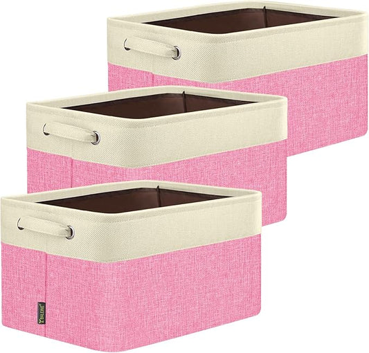 BALEINE 3 Pack Fabric Storage Bins for Shelves, Linen Storage Baskets for Organizing, Decorative Closet Bins for Clothes, Home (Pink, 14''x10''x8.5')