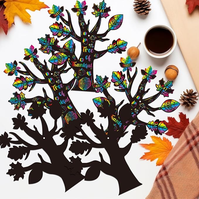BeYumi Fall Trees Scratch Cards - 48Pcs Fall Thankful Leaves Trees Scratch Cards for Kids Thanksgiving DIY Magic Fall Tree Hanging Scratch Paper Thankful Craft Supplies School Classroom Fun Activities