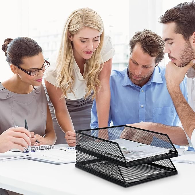 Hicarer 4 Pcs Black Metal Letter Tray Stackable Desk Tray Single Wire Mesh Organizer Front Load File Paper Holder for Desktop Office Home School Classroom (12.8 x 9.84 Inch)