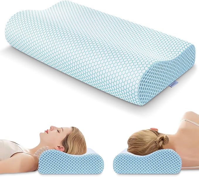 Anvo Memory Foam Pillow, Neck Contour Cervical Orthopedic Bed Pillow for Sleeping Side Back Stomach Sleeper, Ergonomic Design for Neck and Shoulder Pain Relief, Cyan, Firm