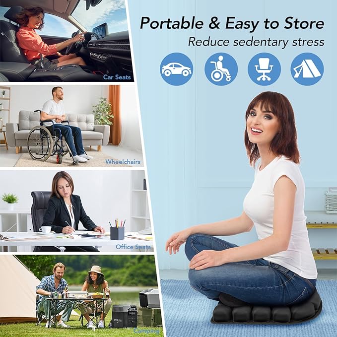 Travel Seat Cushion, 3D Air Inflatable Pressure Relief Cushion for Hemorrhoid and Tailbone Pain Relief, Optimal Support for Long Sitting in Car, Air Travel, Office Chairs, Home Living
