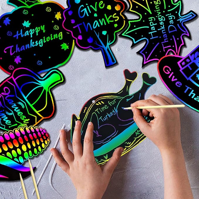 60PCS Thanksgiving Rainbow Scratch Art, Fall Paper Crafts for Kids, Thanksgiving Day Pumpkin Maple Turkey Hanging Ornament Decorations, Art Craft Supplies for Home Tree Classroom Decor