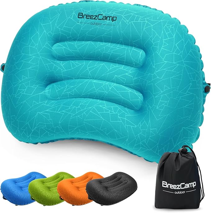 BreezCamp Inflatable Camping Pillow, Travel Blow Up Air Pillow, Neck Lumbar Support Ultralight Compact Pillow for Outdoor Hiking Backpacking Car Beach Airplane Sleeping Essentials, Peacock Blue