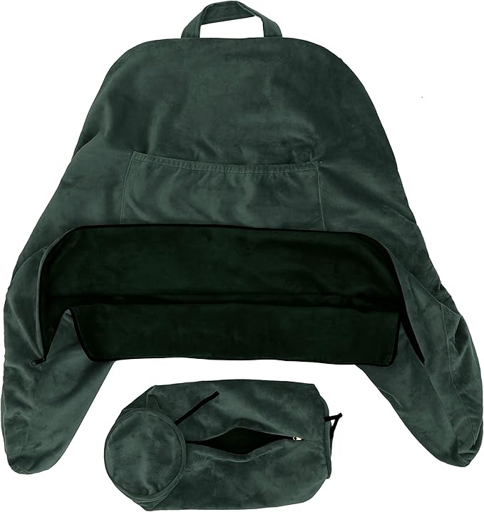 Husband Pillow XXL Aspen Edition, Adult Reading Sit Up Bed Rest Pillow for Bed with Arms & Neck Roll on Bungee Cord - Premium Memory Foam, Reversible 2 Sided Cover Micro Suede or Plush, Ramona Green