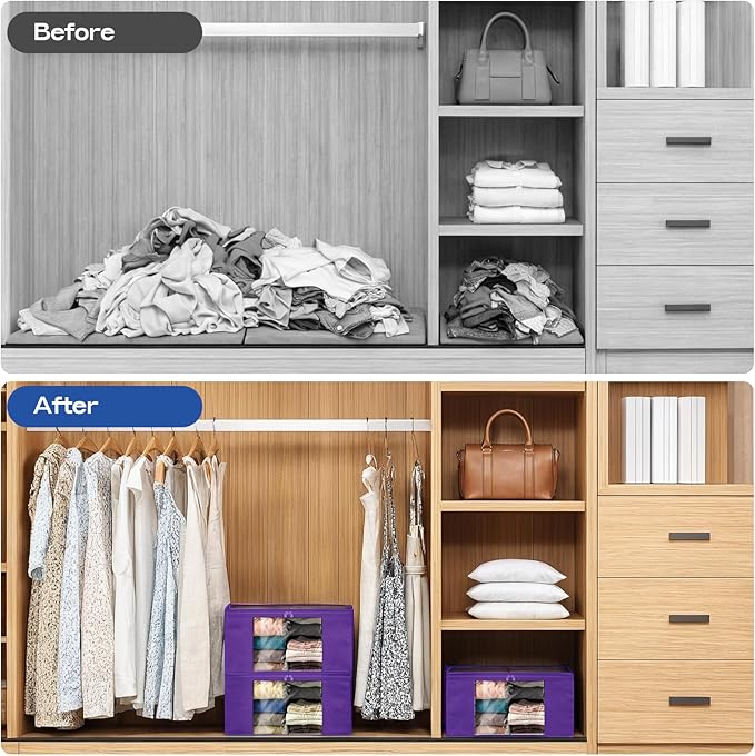 Clothes Storage Bags, Foldable Thick Fabric Blanket Storage Bags, Large Clear Window & Carry Handles, Great for Clothes, Blankets, Closets, Pillows, Toys (Purple, 4PACK)