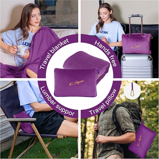 CLEXION Travel Blanket & Pillow Set, 300 GSM Soft Fleece, 60x43 Inches, 3-in-1 Airplane Blanket, Travel Pillow and Blanket Set, Travel Blanket Airplane Compact with Bag, Travel Essentials, Violet