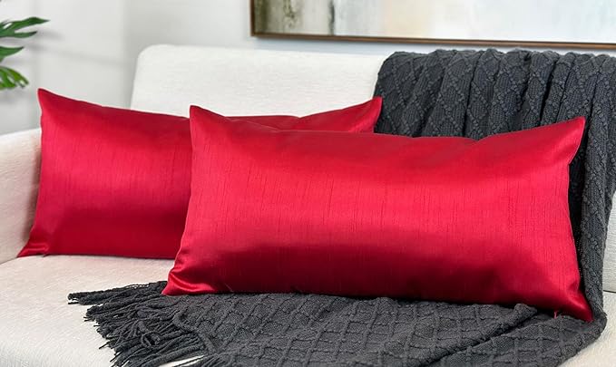 Aiking Home 12x24 Inches Faux Silk Rectangular Throw Pillow Cover, Zipper Closure, Red (Set of 2)