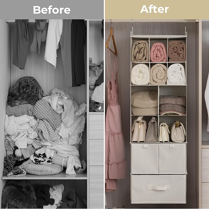GRANNY SAYS Hanging Closet Organizer with Drawers, 6 Shelf Dividers Closet Hanging Organizer, Portable Foldable Hanging Shelves for Closet, Dorm Room, Bedroom, Kids Room, Beige