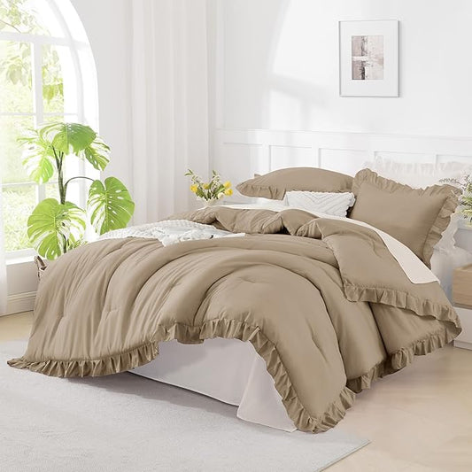 Andency Taupe King Comforter Set(104x90Inch), 3 Pieces(1 Ruffle Comforter and 2 Pillowcases) Lightweight and Fluffy Bedding Comforter Set, All Season Soft Microfiber Shabby Chic Bedding Set