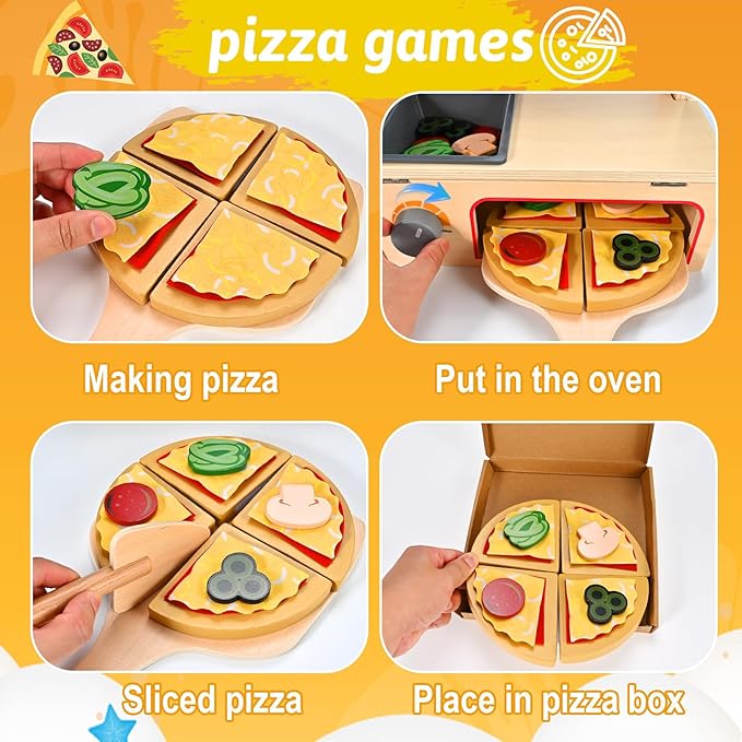 50 Pcs Wooden Pizza Toy, Montessori Pretend Play Toys, Wooden Pizza Counter Playset with Bake Oven, Play Food and Accessories, Cooking Pretend Play Toys for Boys Girls Age 3+
