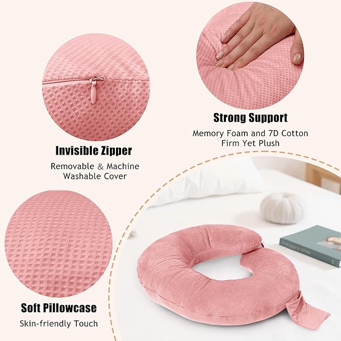 XWZO Reading Pillow for Gaming, Crocheting or Playing with Strong Arm Support, Gaming Pillow for Arm Rest When Sitting in Bed & Sofa, Lap Pillow Swen with Tiebacks and Side Pocket, Pink