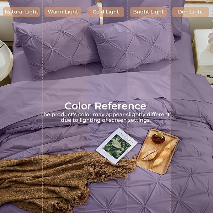 Sasttie Full Size Comforter Set, 7-Piece Bed in a Bag, Pintuck Bedding Set for All Season, Includes Comforter, Flat Sheet, Fitted Sheet, Pillowcases and Pillowshams, New Purple