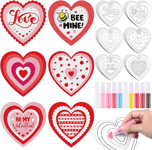 24 Set Valentine Hearts Sand Art Craft Kit for Kids 4.72 Inch DIY Valentine's Day Sand Painting Kit with Colored Sand Brush Heart Sand Art and Crafts for Valentines Home Classroom Activities